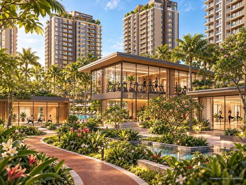 Conceptual render of a glass-fronted gym and yoga studios beside a red jogging path through tropical gardens