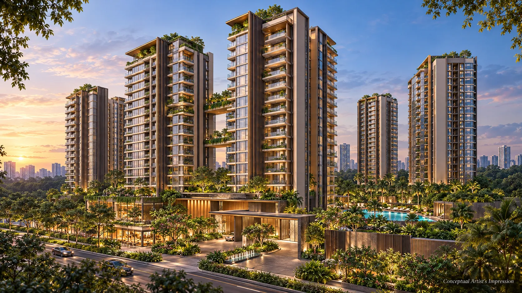 Conceptual render of tall residential towers with planted sky terraces at dusk, above a tree-lined road and a lit drop-off