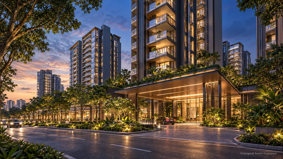 Conceptual render of a lit, canopied arrival porch beneath a residential tower at night, with a landscaped driveway